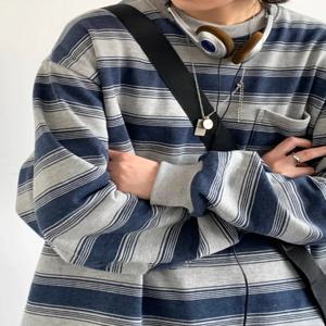 레트로 일본 스타일 긴팔 라운드넥 스트라이프 워크웨어 커플용 스웨트셔츠 봄 가을 시즌 루즈핏 후드티