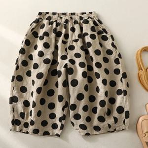 예술적인 대형 폴카 도트 리넨 랜턴 와이드 레그 팬츠 여성 여름 얇은 신축성 있는 허리 루즈 캐주얼 7부 바지