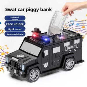 대형 경찰차 돼지 저금통 스마트 사운드 및 라이트 비밀번호 자동 롤 머니 안티 드롭 장식 장난감 돼지 저금통.