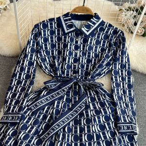 우아한 레트로 롱 슬리브 프린트 셔츠 드레스 하이웨이스트 A라인 실루엣 봄 가을 라이트 성숙 스타일 여성 드레스