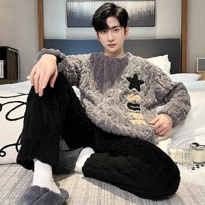 고품질 두꺼운 따뜻한 플란넬 플러스 사이즈 남성 잠옷 가을, 겨울 잠옷 스트라이프 잠옷 Homewear Cartoon Bear