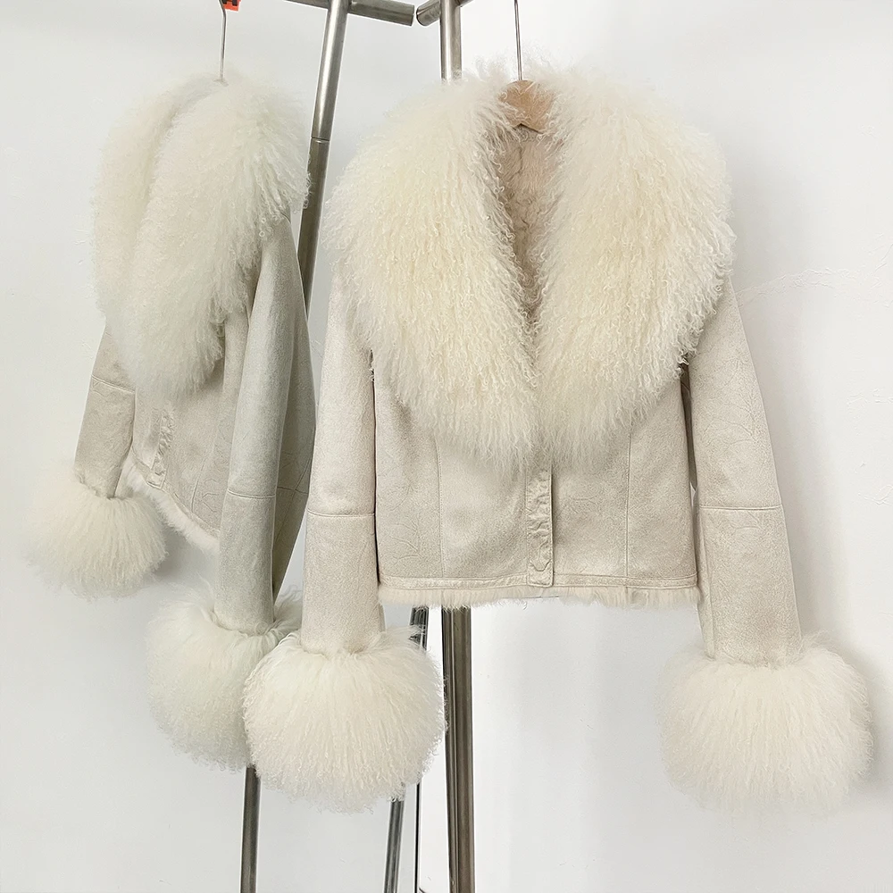 2025 가을 겨울 스웨이드 몽골산 양털 코트 여성용 퍼 재킷 (긴소매, 신상품, 겨울용 토끼털 안감)