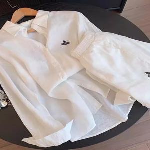 대형 사이즈 린넨 세트 캐주얼 긴팔 남성 셔츠 및 반바지 여름 자외선 차단 의류 자수 편안한 레저웨어