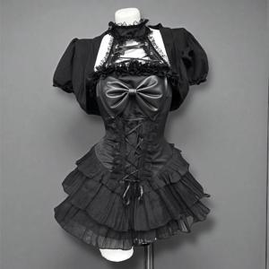 고딕 스타일 여름 블랙 레이스 스플라이스 가디건 코트와 벨트 디자인 반팔 원피스 세트 (여성용)