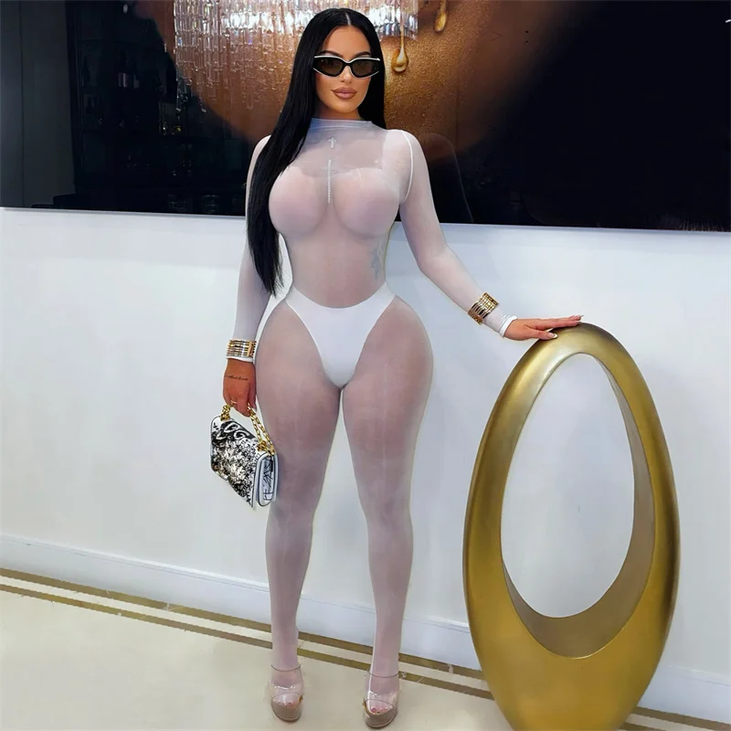 도이어 메쉬 시스루 블랙 점프수트 여성 섹시 레이브 나이트 아웃 원피스 클럽 롬퍼 파티 스키니 바디콘 오버올 캣수트