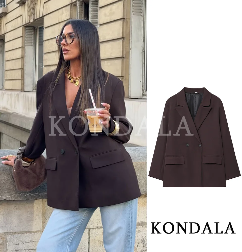 KONDALA 우아한 출퇴근용 더블 브레스티드 블레이저 여성 빈티지 브라운 버튼 블레이저 2026 봄 여름 트렌디 오피스 레이디 블레이저