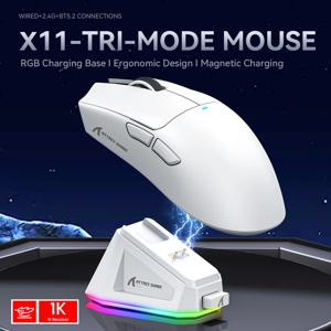 ATTACK SHARK X11 트라이 모드 경량 게이밍 마우스는 PAW3311 센서, 22000DPI, 400IPS, 40G, 59g, 마그네틱 고속 충전, RGB 백라이트를 탑재했습니다.