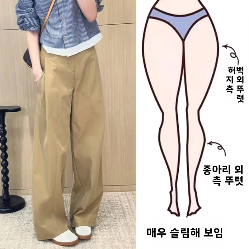 루즈핏 카키 와이드 레그 팬츠 여성 캐주얼 바지 하이웨이스트 바나나 팬츠 가을 봄 패션 스트레이트 컷 팬츠