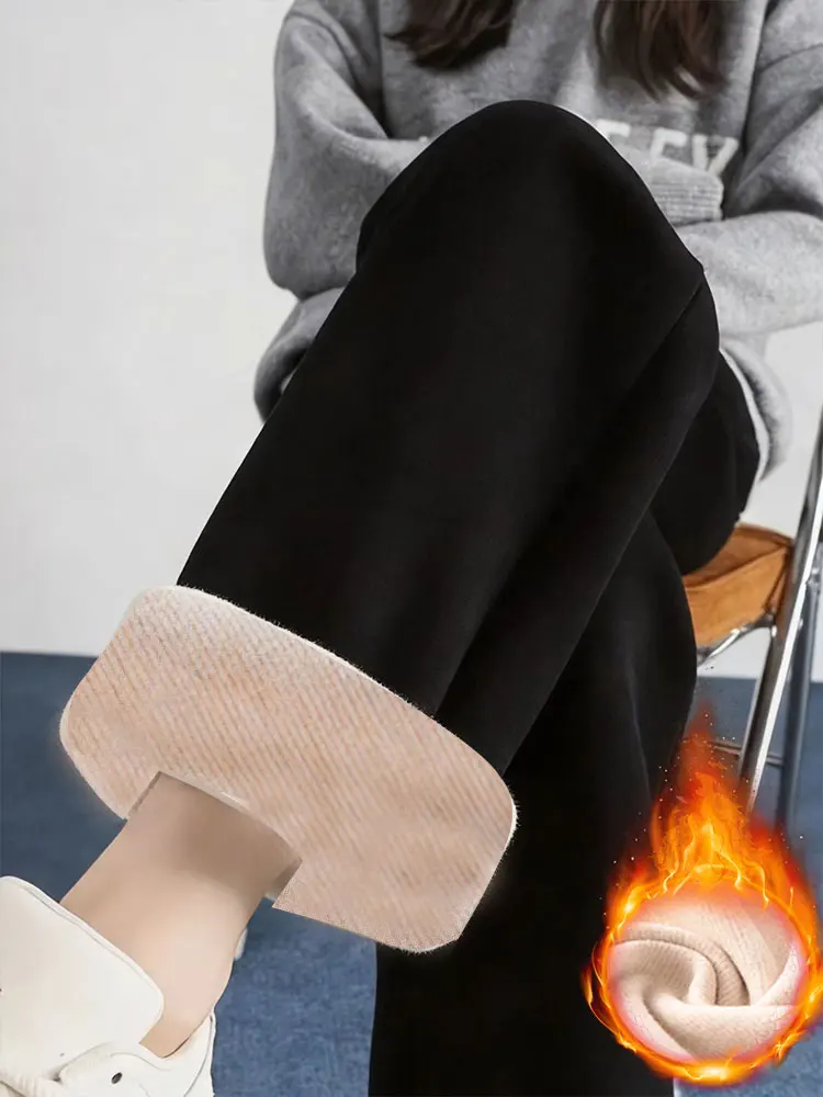 플리스 안감 따뜻한 스트레이트 레그 팬츠 겨울 여성용 두꺼운 루즈핏 와이드 레그 팬츠 프렌치 테리 안감 따뜻한 캐주얼 롱 트라우저