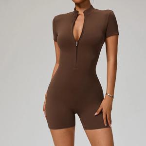 TRY TO BN 스포츠 점프 슈트 지퍼 반팔 요가 운동복 피트니스 운동 바디 슈트 원피스 정장 스타킹 체육관 여성 의류