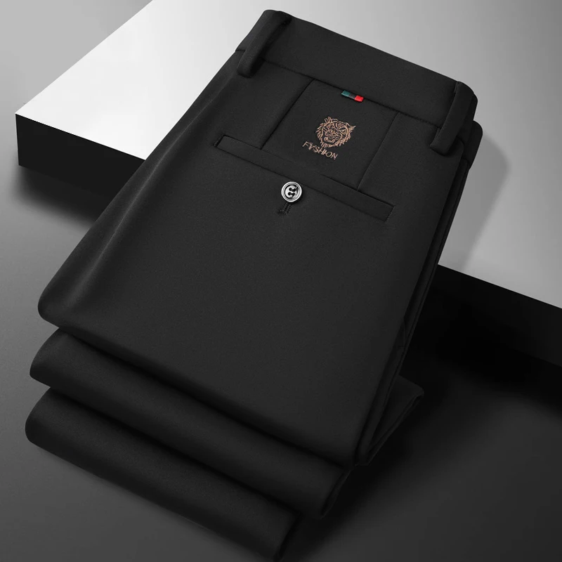 남성용 신상 루즈핏 스트레이트 엘라스틱 정장 바지, 비즈니스 호랑이 머리 서양 스타일, 사계절용, 캐주얼 & 정장 착용