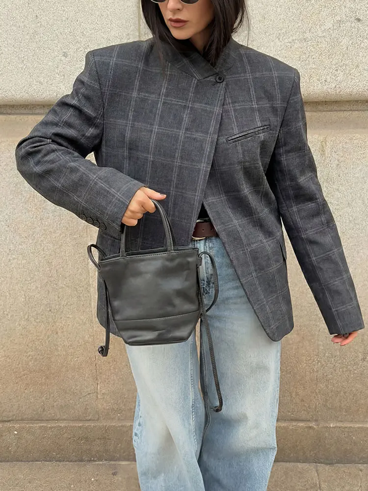 HH 여성 패션 플래드 블레이저 코트 스탠드 칼라 긴팔 재킷 2026 봄 트렌드 캐주얼 오피스룩 시크 아우터웨어