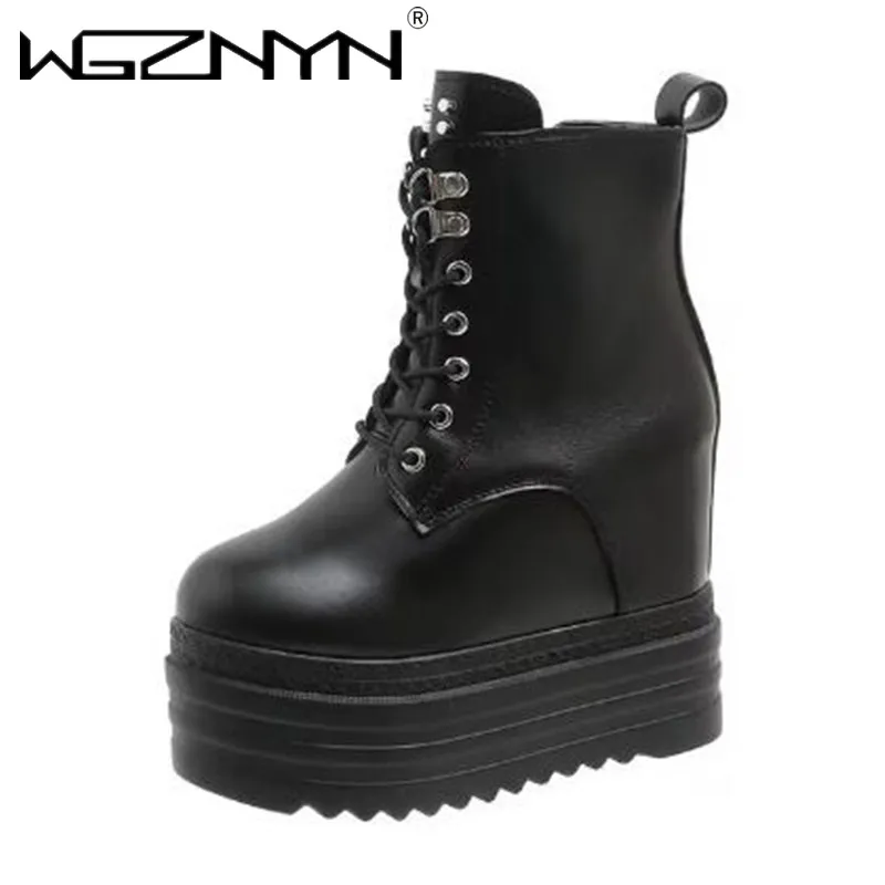 브랜드 펑크 스타일 여성 12CM 플랫폼 웨지 부츠 가을 부드러운 가죽 패션 금속 리벳 여성 레이스 업 하이힐 고딕 신발