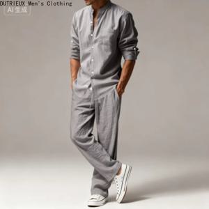 가을 남성용 면과 린넨 투피스 세트, 오버사이즈 심플 다용도 긴팔 셔츠 + 바지 편안한 린넨 수트