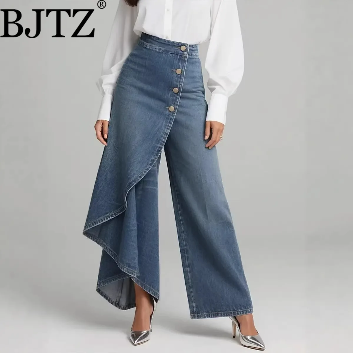 2026 신상 롱 헴 솔리드 컬러 캐주얼 페이크 데님 프린트 버튼 스키니 팬츠