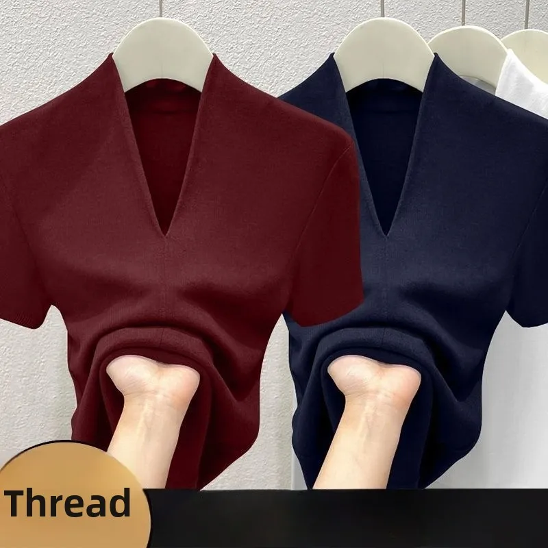 2025년 여름 신상 섹시 V넥 슬림 티셔츠 여성 코튼 탄성 베이직 무지 캐주얼 탑 반팔 얇은 티셔츠