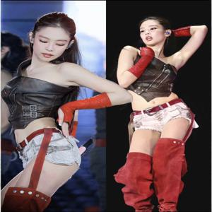 제니 퍼포먼스 의상 PU 가죽 사선 숄더 베스트 불규칙 무대 공연 의상 세트 여성 에스닉 패션