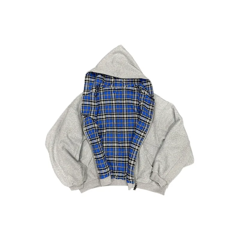 새로운 미국 가을 스타일 양면 더블웨어 디자인 후드 체크 무늬 카디건 느슨한 캐주얼 스웨트 셔츠 재킷