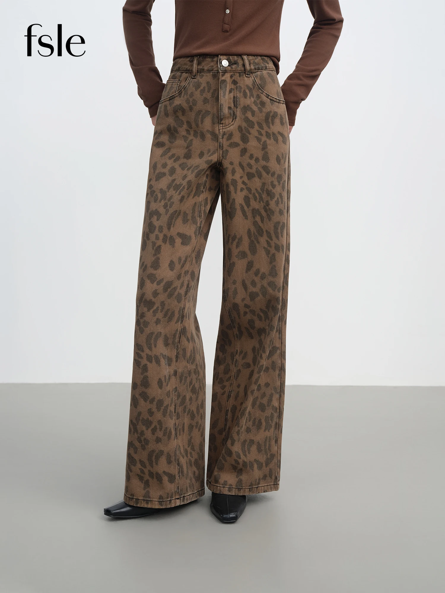 FSLE 2025 신상 여성 청바지 시크한 브라운 스트레이트 레그 팬츠 코튼 워시드 데님 하이웨이스트 뱃살 커버 슬림핏 캐주얼 바지