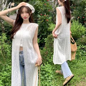 뷔스티에 나시 레이어드 롱원피스 펀칭 레이스 시스루 여름롱원피스 흰원피스 루즈핏원피스