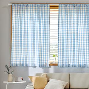 에코블렌드 체크 면 봉집형 반창문커튼 140x160 블루