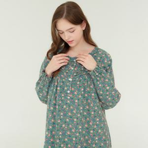 그린핑크잔꽃 긴팔 약기모 순면 여성 빅사이즈 원피스 잠옷