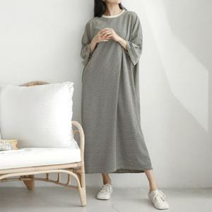 문에이블 여자 여성 봄 여름 루즈핏 빅사이즈 홈웨어 임부복 스트라이프 반팔 롱 원피스