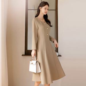 (~XXL까지) 페이테 스퀘어넥 진주버튼 플레어  원피스 봄 가을 하객룩 오피스룩 모임룩 격식룩 빅사이즈