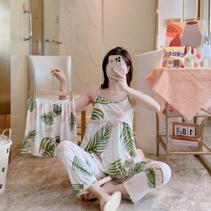 트로피칼 여성 3피스 잠옷 리프크림 파자마 반바지 긴바지 세트 나시 여자 홈웨어