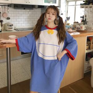 러브핑코 블루에몽 딥블루 여성 긴팔 잠옷 원피스 파자마 여자 홈웨어 투피스 빅사이즈