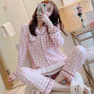 크리미체크 핑크 여성 잠옷 파자마 파우치 세트 여자 홈웨어 투피스 빅사이즈