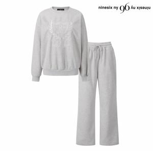 정상가:119,000원 ㅣ 기모 자수 오버핏 티셔츠 롱 팬츠 셋업 (NP4OW005L0)