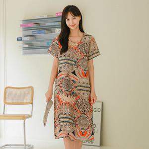 엄마옷 여성 여름 프린팅 패턴 빅사이즈 반팔 인견 원피스 50-60대 중년여성 마담옷