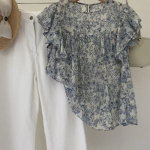 [브리치] 2 / 여름 프릴 쉬폰 셔츠 블라우스 여성용 꽃무늬 사진 색상 XL