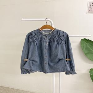 [브리치]  / 지젤르 프릴 셔링 청 데님 셔츠 블라우스