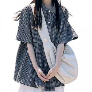 반팔 셔츠 여성 CLAW1046 여름 블라우스 와이드핏 카라 벌룬 단추 셔링 첵크