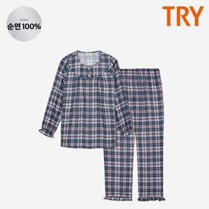 여성 긴팔잠옷 봄 가을 간절기 면 잠옷 상하 세트 카라 체크 주자직
