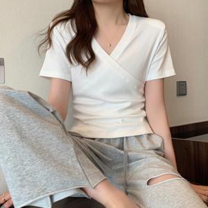 랩 반팔티 브이넥 무지 스판 여자 봄 여름 셔링 여성티셔츠 반팔 여성반팔티 면티 이너티셔츠