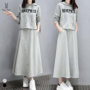 사계절 여성 캐주얼 후드티셔츠+A라인 롱스커트 투피스셋업 사이드주머니 Bon-2609