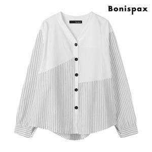 정상가:69,000원 | V넥 세로 스트라이프 배색 버튼 긴팔 셔츠 (XO3BA011L0)