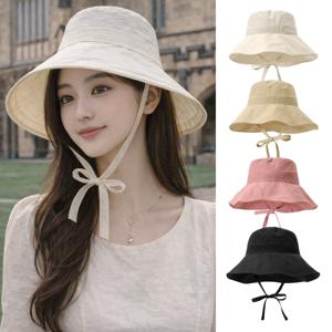 리본 스트랩 버킷햇 바스락 턱끈 챙 야외 벙거지 여성 여름 모자