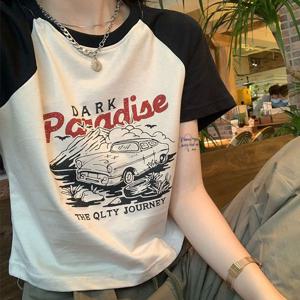 여성 여름 나그랑배색 프린팅 빈티지 크롭 반팔티셔츠 레터링티셔츠 루즈핏티셔츠 여성반팔티