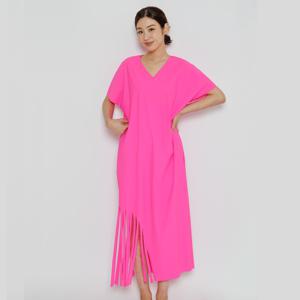 [최초가 208,000원] 솔리드 브이넥 롱 커팅 드레스 (AGMODF27)