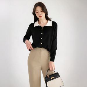 (~XXL까지) 도넨 배색카라 니트 가디건 봄 가을 꾸안꾸 긴팔 데일리 캐쥬얼 출근룩 베이직 빅사이즈