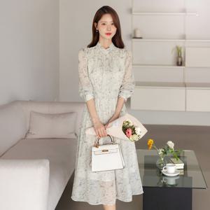 (~XXL까지) 아체나 쉬폰 플라워패턴 롱 원피스 봄 가을 하객룩 나들이룩 모임룩 격식룩 빅사이즈