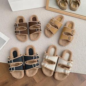 슬리퍼 여성 털슬리퍼 겨울 양털 퍼 버클 실내화 사무실 슬리퍼 B(뽀글이)