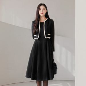 (~XXL까지)델루아 자켓 레이어드 트위드 플레어 원피스 하객룩 연말룩 모임룩 결혼식룩 오피스룩 데이트룩