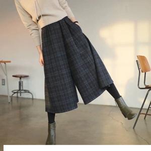 빅사이즈 9부 치마바지 체크 프린트 모직 와이드 팬츠 스판 밴딩 루즈핏 가을겨울 신품