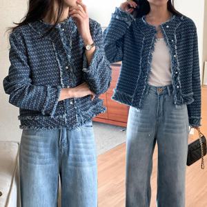 여성 청 자켓 트위드 노카라 라운드 봄 연청 진청 데님 루즈핏 태슬 수술