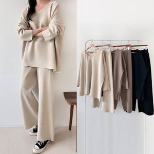 여성 브이넥 니트 바지 세트 밴딩 와이드 봄 루즈핏 박시 상하 셋업